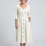 Halwynne | Cross Pleated V Neck Button Front Midi Dress