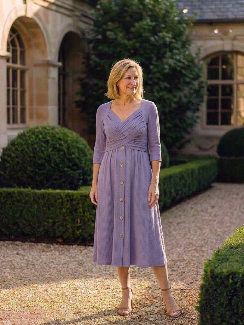 Halwynne | Cross Pleated V Neck Button Front Midi Dress