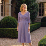 Halwynne | Cross Pleated V Neck Button Front Midi Dress