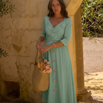 Halwynne | Cross Pleated V Neck Button Front Midi Dress