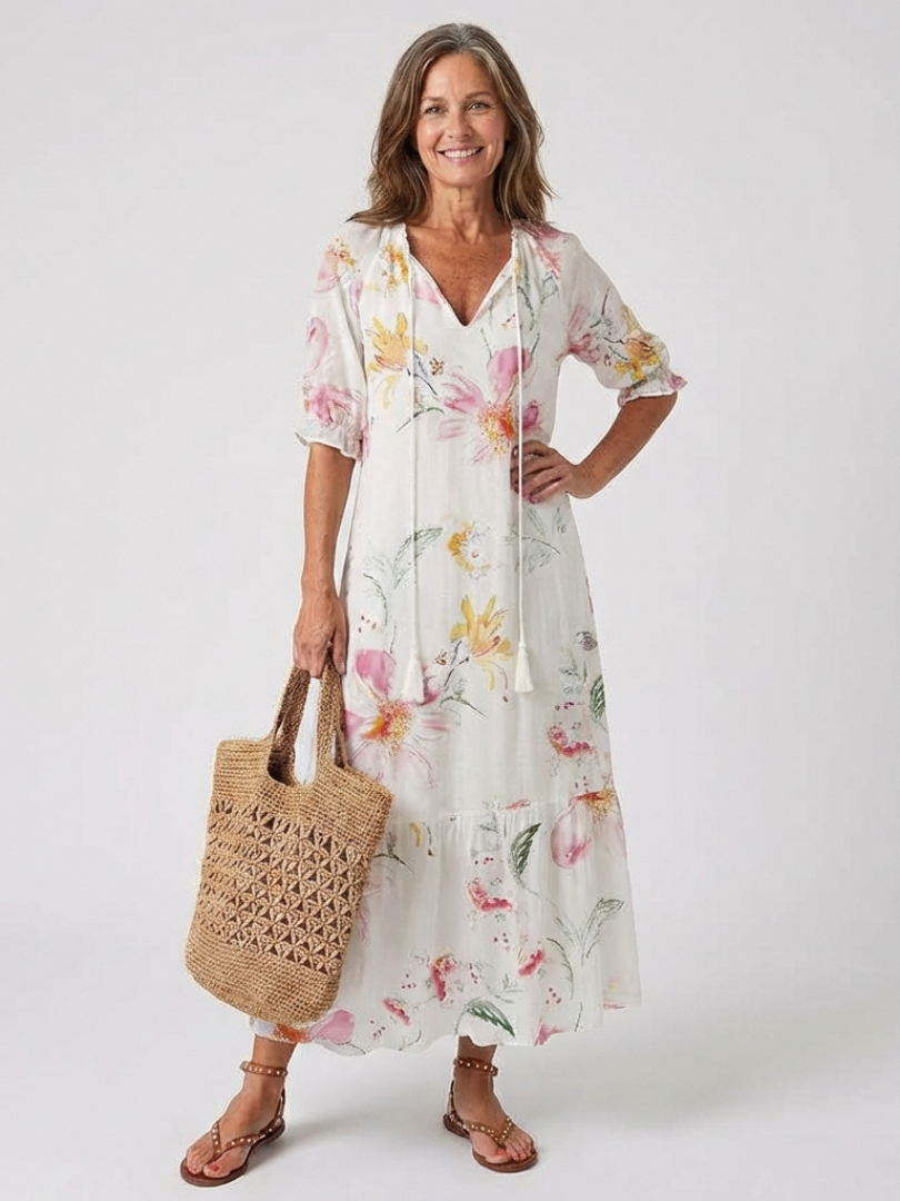 Nilabeth | Floral V Neck Short Sleeve Midi Dress