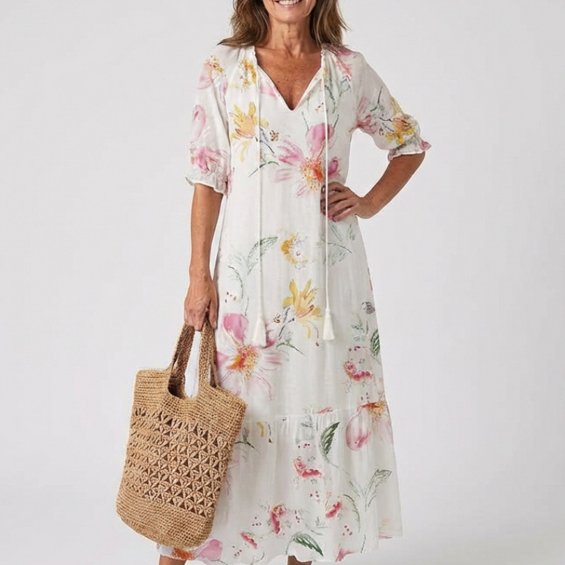 Nilabeth | Floral V Neck Short Sleeve Midi Dress