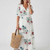 Nilabeth | Floral V Neck Short Sleeve Midi Dress