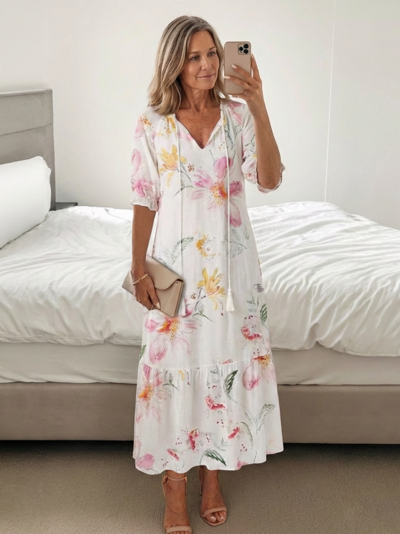 Nilabeth | Floral V Neck Short Sleeve Midi Dress