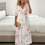 Nilabeth | Floral V Neck Short Sleeve Midi Dress