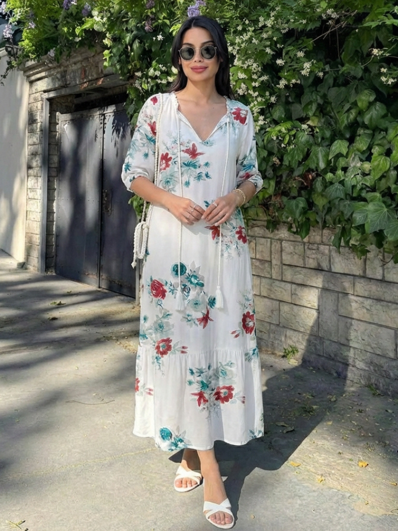 Nilabeth | Floral V Neck Short Sleeve Midi Dress