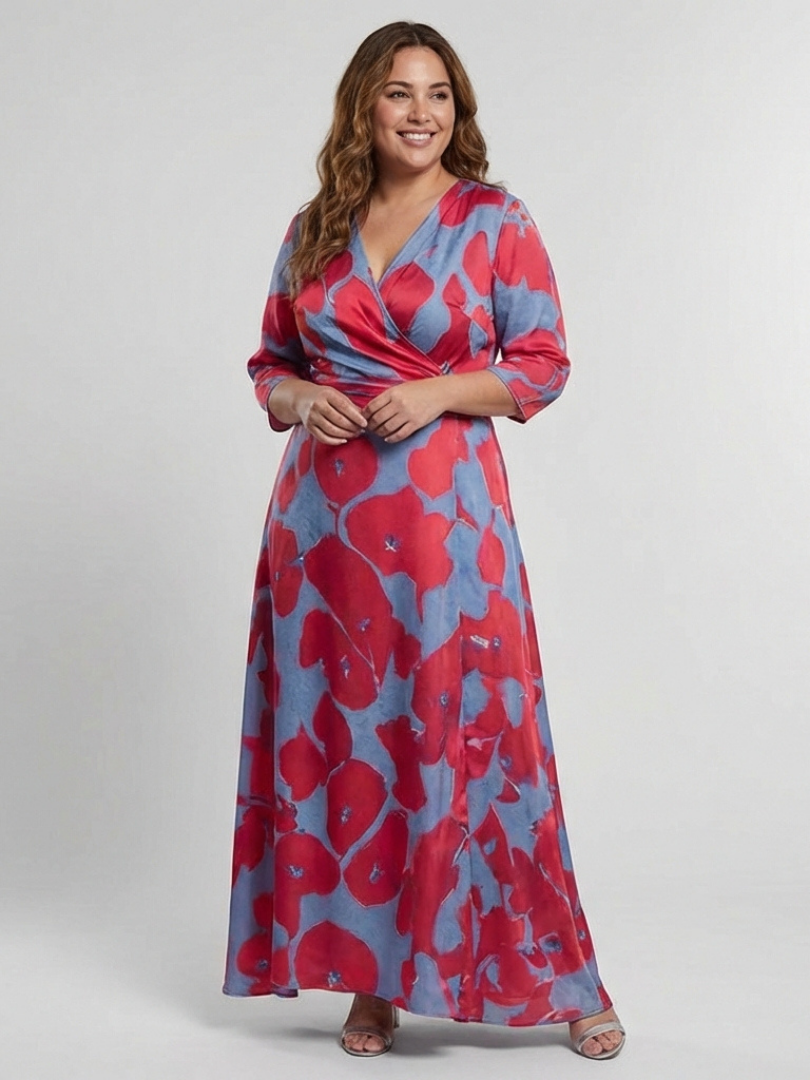 Delra | Three Quarter Sleeve V Neck Floral Maxi Dress