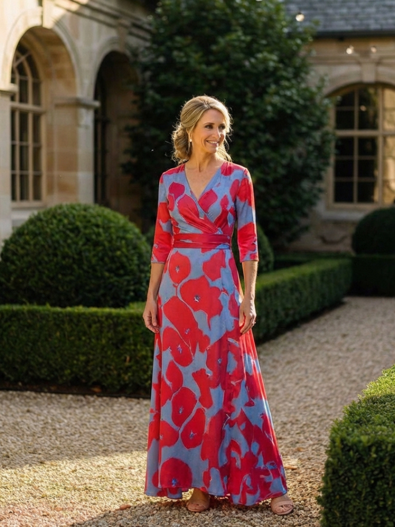 Delra | Three Quarter Sleeve V Neck Floral Maxi Dress