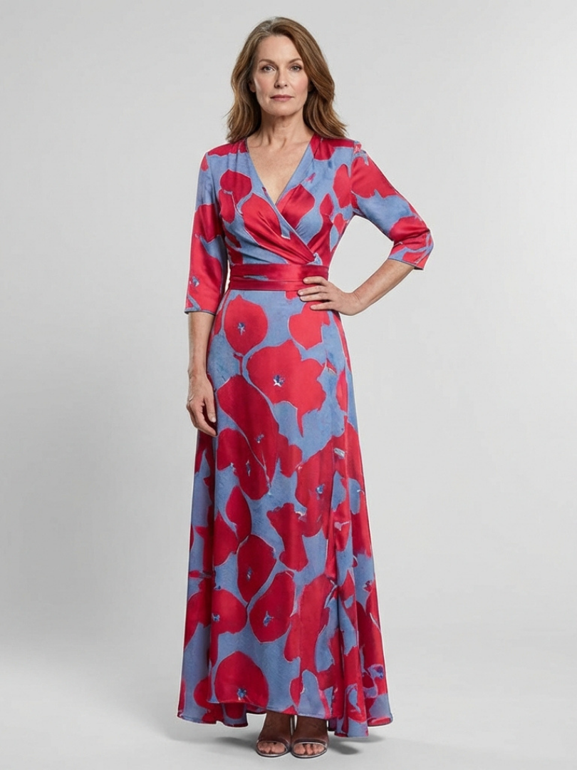 Delra | Three Quarter Sleeve V Neck Floral Maxi Dress